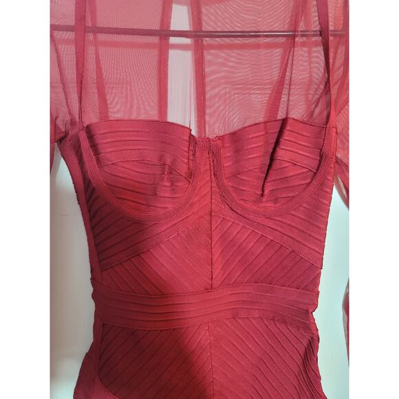 House of CB London Noelle Mesh Cutout Mini Bodycon Dress Size XS Wine Red - Picture 7 of 7
